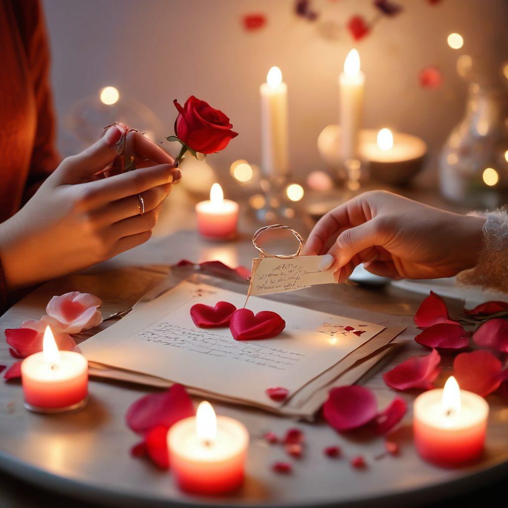 A cozy, candlelit dinner table set for two, adorned with rose petals and soft, twinkling fairy lights in the background. Include a pair of intertwined hands, one holding a love letter, while the other holds a delicate heart-shaped dessert. The atmosphere should evoke warmth and intimacy, highlighting the essence of romantic gestures and diverse love languages. soft focus, warm tones, painting.