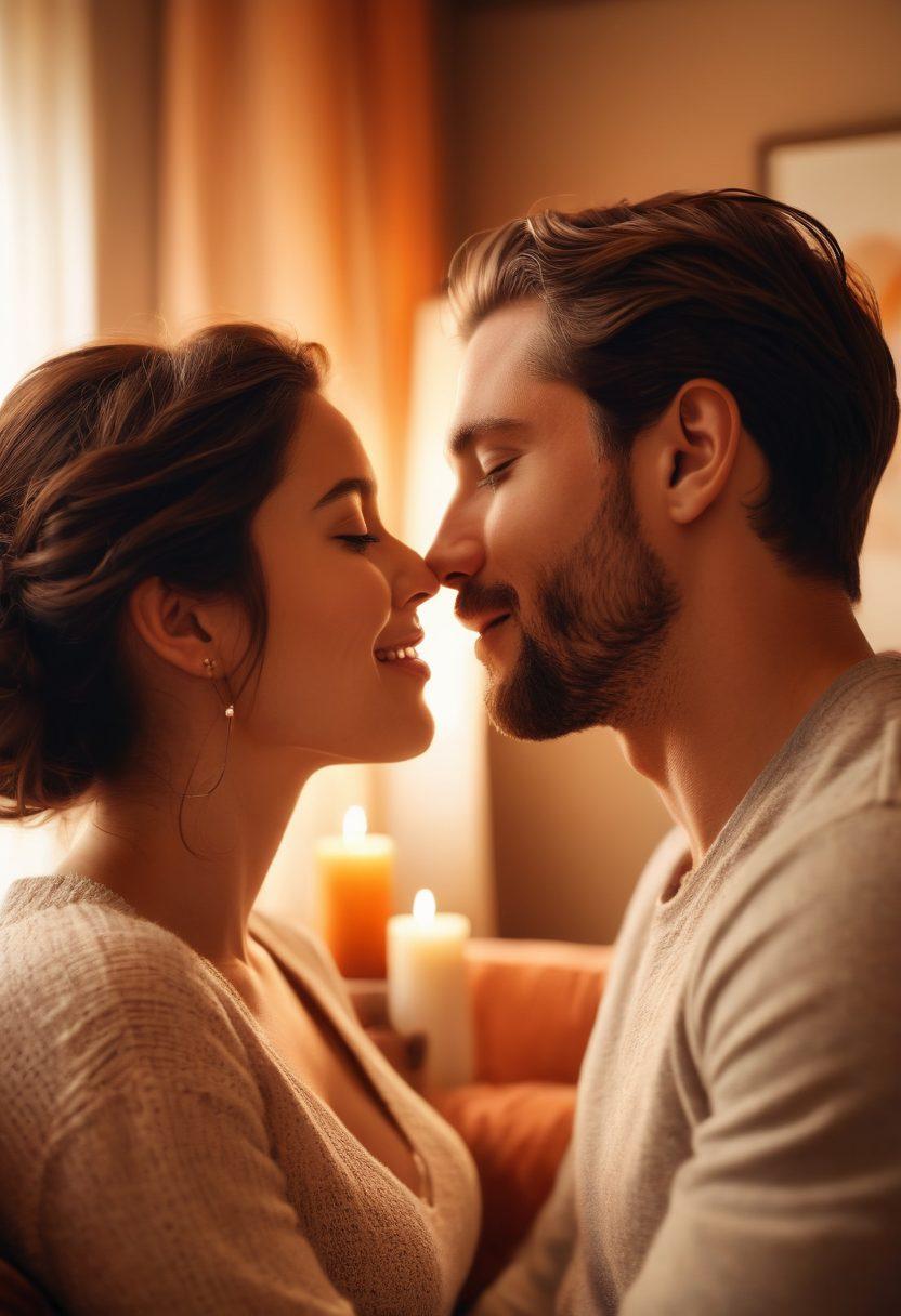 A cozy, softly lit living room scene featuring a couple sharing an intimate moment, surrounded by warm colors. Include elements like a flickering candle, a heart-shaped decor, and a plush sofa with pillows. The couple should be engaged in a heartfelt conversation, with genuine smiles and affectionate gestures, symbolizing deep connection and trust. Capture emotions and tenderness in the air. super-realistic. warm colors. soft focus.