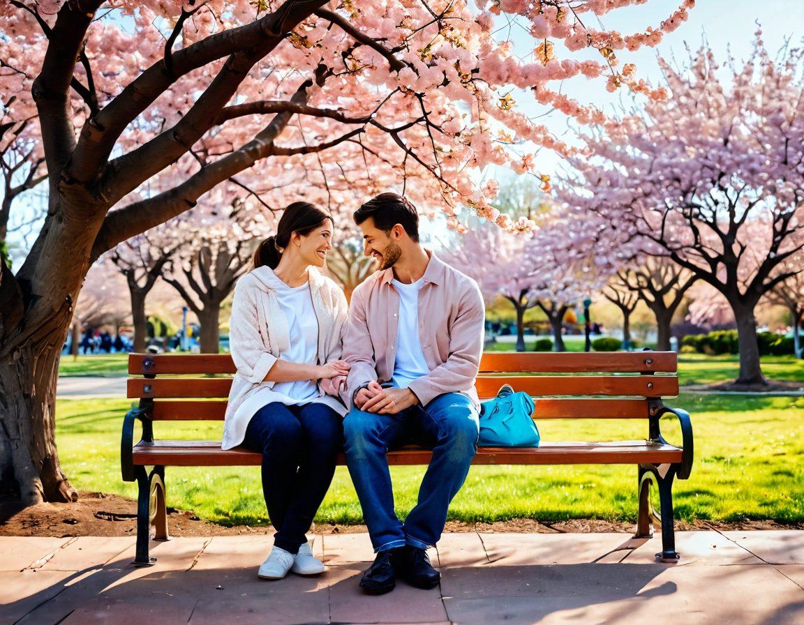 A warm, inviting scene depicting a cozy couple sitting on a park bench, sharing a heartfelt moment with hands intertwined and smiles that reflect deep emotional connection. In the background, cherry blossom trees in full bloom symbolize love and renewal, with soft pastel colors creating a romantic ambiance. A glowing heart shape emerges softly around them, enhancing the feeling of true love. super-realistic. vibrant colors. soft focus.